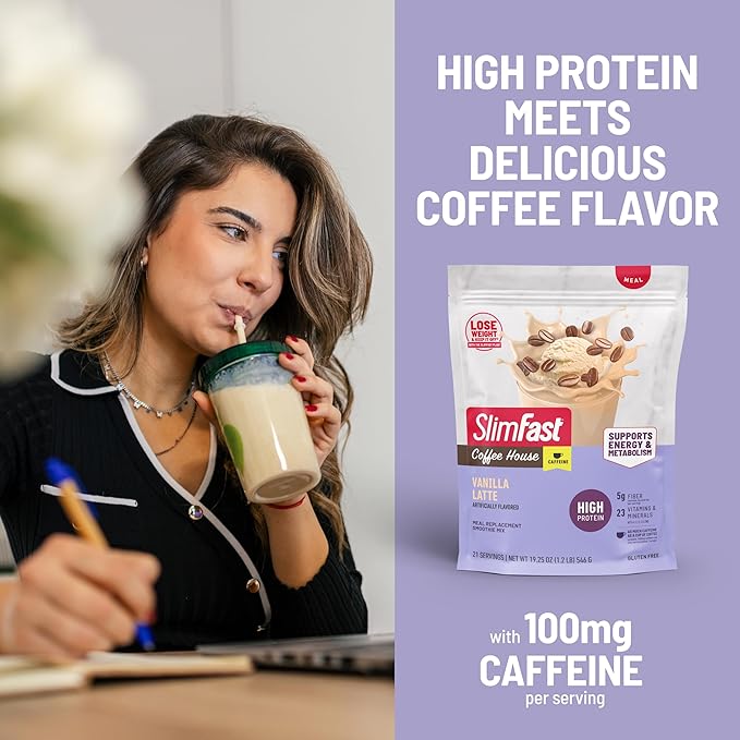 SlimFast High Protein Meal Replacement Powder Caffeine Protein Powder Energizing Protein Mix Vitamin and Mineral Blend Gluten Free Coffee Flavored Protein Powder Vanilla Latte 21 Servings
