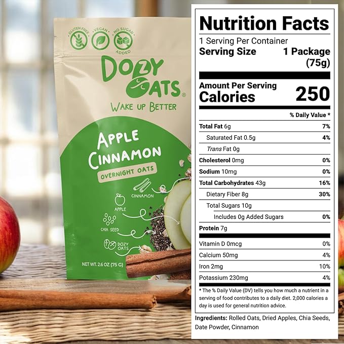 Dozy Oats Overnight Oatmeal Packets Apple Cinnamon Multipack with Rolled Oats Chia Seeds Date Powder and Dried Fruit. Gluten-Free Natural Source of Protein and Fiber 16-Pack