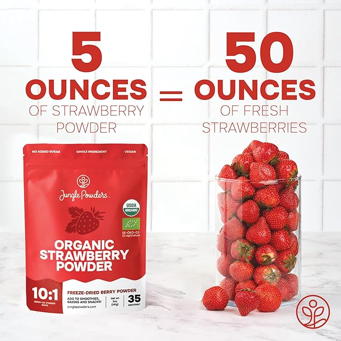 Jungle Powders Strawberry Powder Organic 5 Ounce Bag Freeze Dried Dehydrated Powdered Strawberries Strawberry Seasoning for Baking and Decorating Dry Fruit Extract