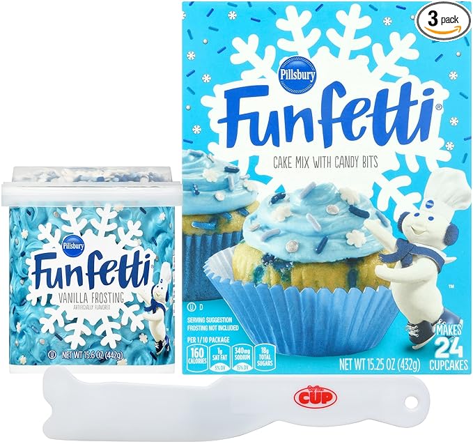 Pillsbury Funfetti Holiday Bundle 1 of each: Winter Cake Mix &amp Blue Vanilla Frosting with By The Cup Spreader