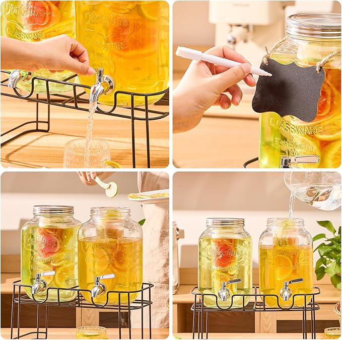 1 Gallon Glass Drink Dispensers for Parties 2PACK Beverage Dispenser with Stand Fruit Infuser and Stainless Steel Spigot 100% Leakproof Beverage Dispenser for Lemonade Sun Tea