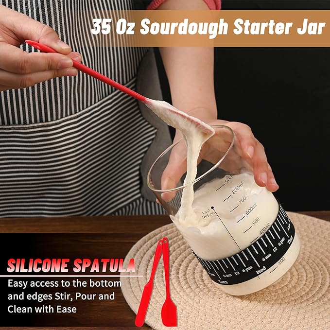 Pro Sourdough Starter Jar Kit 2 Packs-35 Oz Sourdough Bread Starter Jar Kit with Date Marked Feeding BandThermometerSpatulaCloth Cover&amp Lid for Sour Dough Bread Loaf (2 Pcs)
