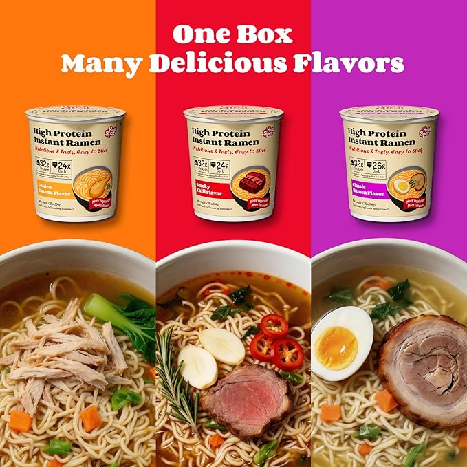 Healspot High Protein Instant Ramen Variety Pack (6 Cups) - 32g Plant-Based Protein Non-Fried Low Carb Low Fat Non-GMO Keto &amp Vegan Friendly (Golden-ChickenSmoky-BeefClassic-Pork)