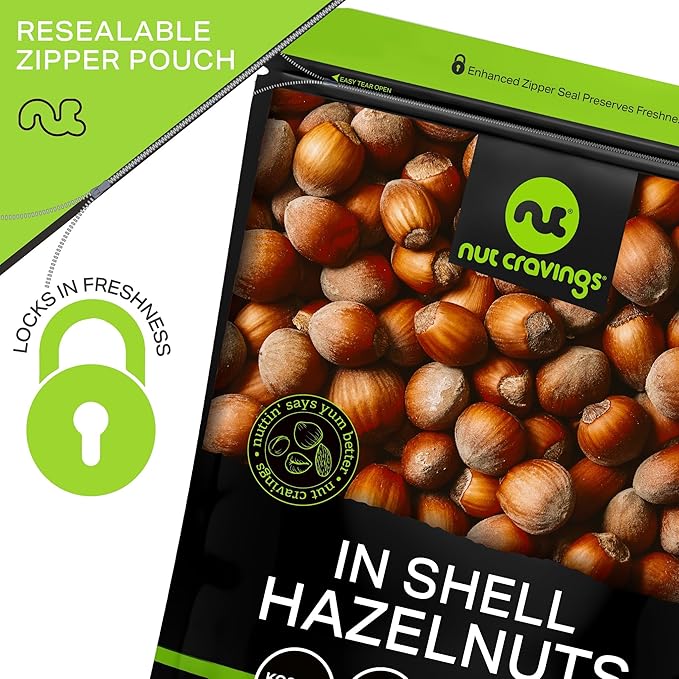 NUT CRAVINGS Raw Hazelnuts Filberts In Shell Whole (48oz - 3 LB) Bulk Nuts Packed Fresh in Resealable Bag Healthy Protein Food Snack Food Assortments Ideal for Trail Mixed Nuts