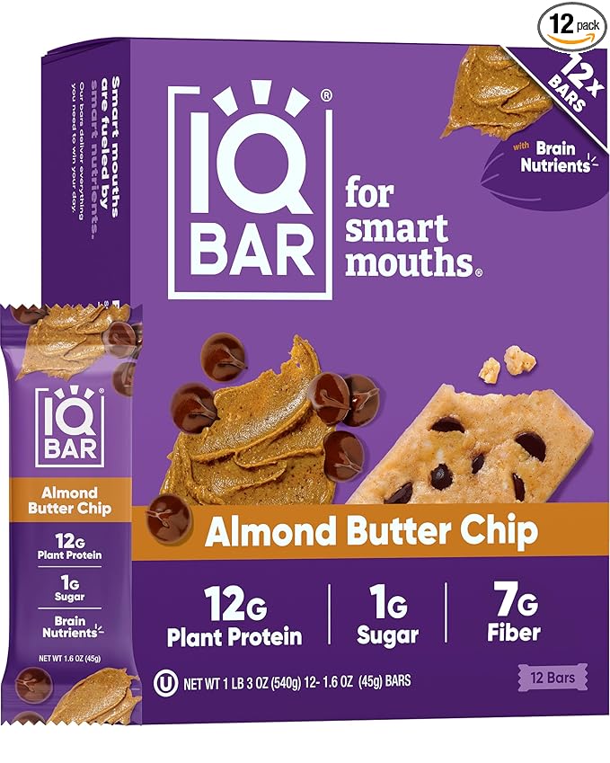 IQBAR Clean Plant Protein Bars - Almond Butter Chip - 12 Count - Keto Vegan High Fiber Gluten and Dairy Free Low Sugar Snack - Brain and Body Nutrients for Focus Energy Meal Replacement