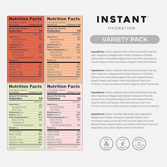Instant Hydration Electrolytes Powder Packets - Variety Pack - Zero Sugar - Keto Vegan Gluten-Free Non-GMO - Boost Recovery Brain Function Muscle &amp Tissue Health - 12 Sticks