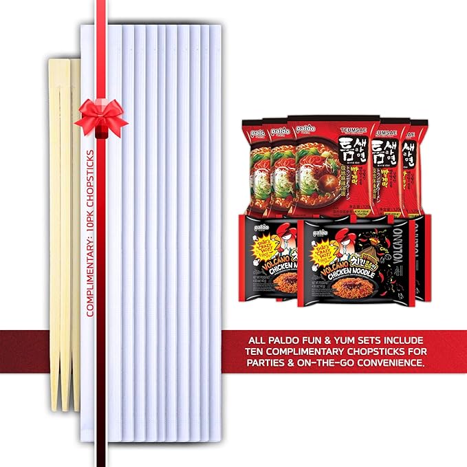 Paldo Fun &amp Yum Extremely Hot Spicy Noodles Set 4 Pack of Volcano Chicken &amp 5 Pack of Teumsae Ramen with 10 Disposable Chopsticks Spicy Noodles Challenge Most Loved Korean Ramyun 볼케이노 치킨볶음면