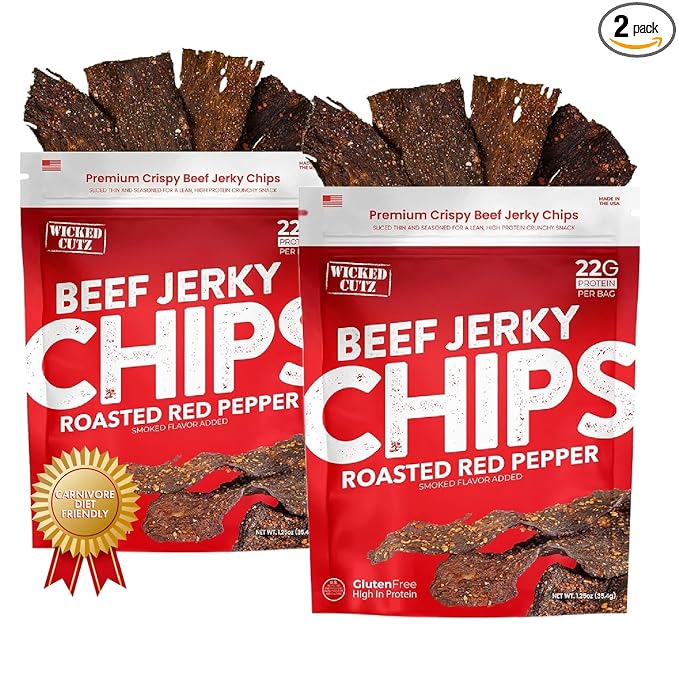 Wicked Cutz Roasted Red Pepper Beef Jerky Chips 22g Protein per Bag Crispy &amp Crunchy Beef Jerky Crisps USA Made Pepper Flavored Chips High Carnivore Snacks (2 Bags)