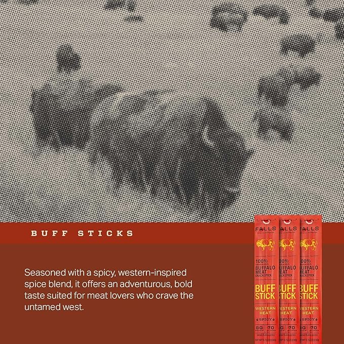 Grass-Fed Buffalo Meat Snack Sticks Western Heat Spicy by Falls Family Ranches 12 Pack 1.15oz Stick Carton 8g Protein 0g Sugar 70 Calories