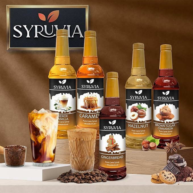 Syruvia Coffee Syrup Variety Pack Vanilla Caramel Hazelnut &amp Salted Caramel Kosher 25.4 fl oz bottles - Elevate Your Coffee Experience!