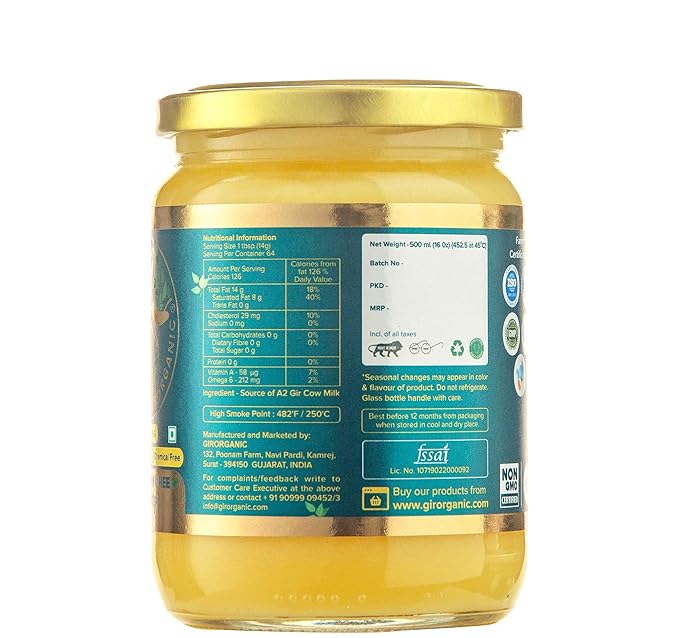 GirOrganic Grass Fed A2 Ghee | Clarified Butter (16 Oz) - Unsalted Gir Cow Ghee Butter - Organic Ghee Oil - Pasture Raised Lactose-Free 16 Oz