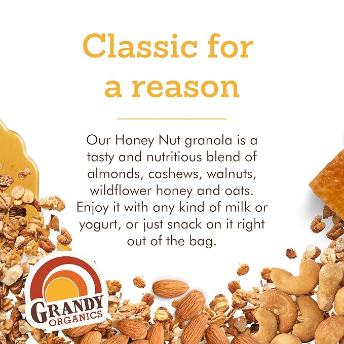 Grandy Organics Honey Nut Granola 10 Pound Bulk Bag Certified Organic Gluten Free Non-GMO Kosher Plant Based Protein Granola