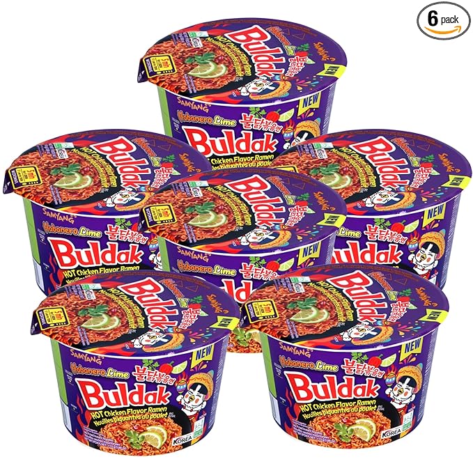 Samyang Buldak Noodles Hot Chicken Flavour Ramen Habanero Lime Big Bowl Cup 110g Instant Korean Food Snacks (Pack of 6)