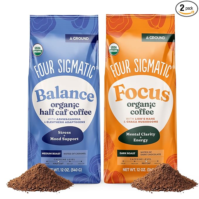 Four Sigmatic Focus + Balance Mushroom Coffee Bundle | Organic Ground Coffee with Lion's Mane Mushroom and Organic Coffee with Ashwagandha Chaga Mushroom Eleuthero and Tulsi | 12oz Bags