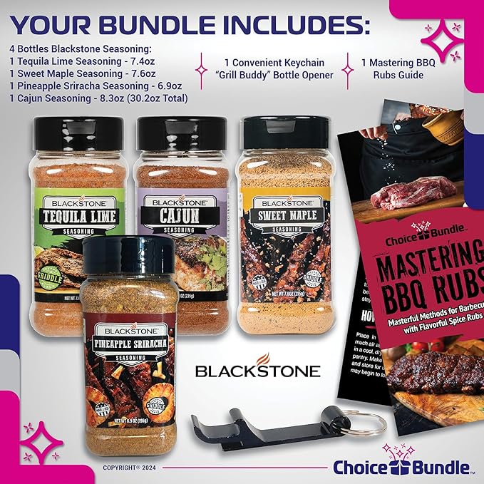 Blackstone Tequila Lime Sweet Maple Pineapple Sriracha Crazy Cajun Seasoning - Griddle Premium BBQ Barbecue Rub 4 Pk Choice Bundle (30.2 oz) + BBQ Guide &amp Opener (6 Items)!