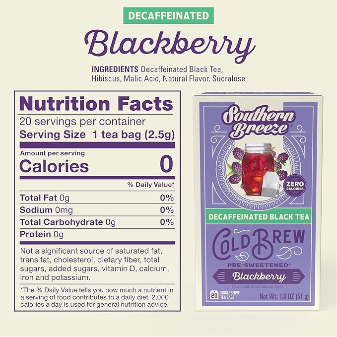 Southern Breeze Decaf Cold Brew Sweet Tea Blackberry Iced Tea with Black Tea and Zero Carbs Zero Sugar 20 Individually Wrapped Tea Bags Pack of 4