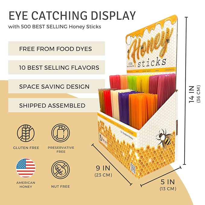 The Honey Jar - Traditional Honey Stick Retail Display with 500 Assorted Honey Sticks perfect for Gift Shop Grocery Store Boutique Farmers Market