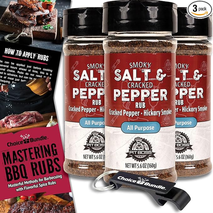 Pit Boss Smoky Salt &amp Cracked Pepper All Purpose AP Premium BBQ Barbecue Mixed Seasoning Spice &amp Rub 3 pk Choice Bundle (16.8 oz) + Guide &amp Keychain Bottle Opener (5 Items)!
