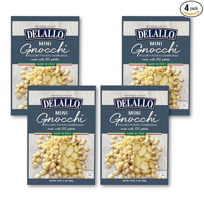 DeLallo Mini Potato Gnocchi Pasta Made in Italy Light and Airy Texture Small-Sized Dumplings for Soups and Baked Dishes Kosher Non-GMO 16 oz Box (4 Pack)