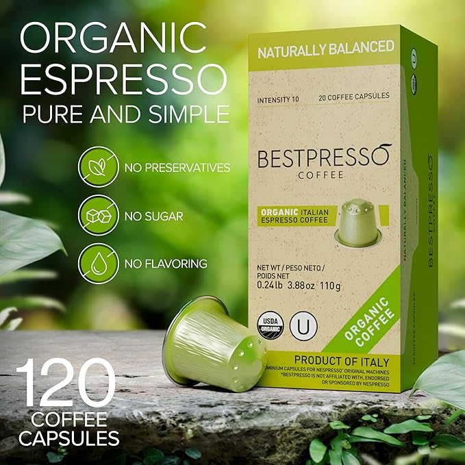 Organic USDA Bestpresso Coffee Aluminum Espresso Pods For Nespresso Original Machine 120 Pack (Naturally Balanced)