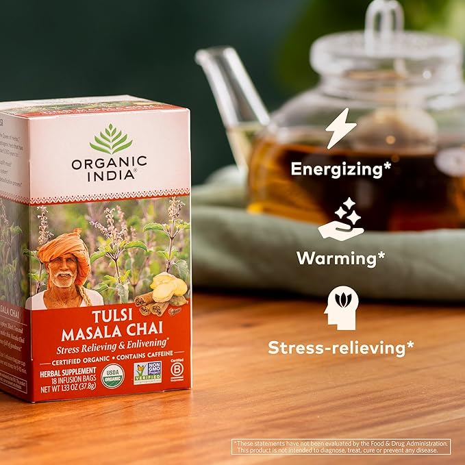 ORGANIC INDIA Tulsi Masala Chai Tea Bags - Holy Basil Black Tea Spices with Ginger Stress Relieving Immune Support USDA Certified Organic Antioxidant Caffeinated - 18 Infusion Bags 3 Pack