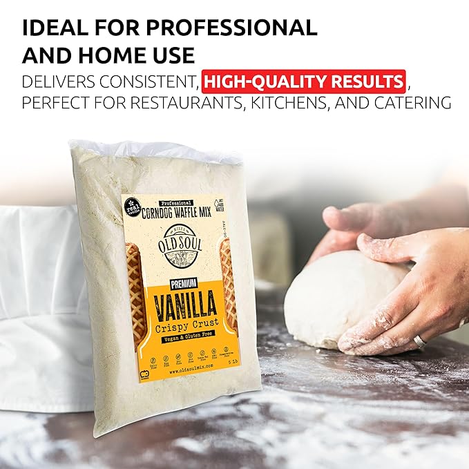 OldSoul Professional Corndog Waffle Mix | GLUTEN FREE &amp VEGAN | Vanilla Flavour | 30 Lbs | 840 Waffles (30 Lbs Gluten Free &amp Vegan)