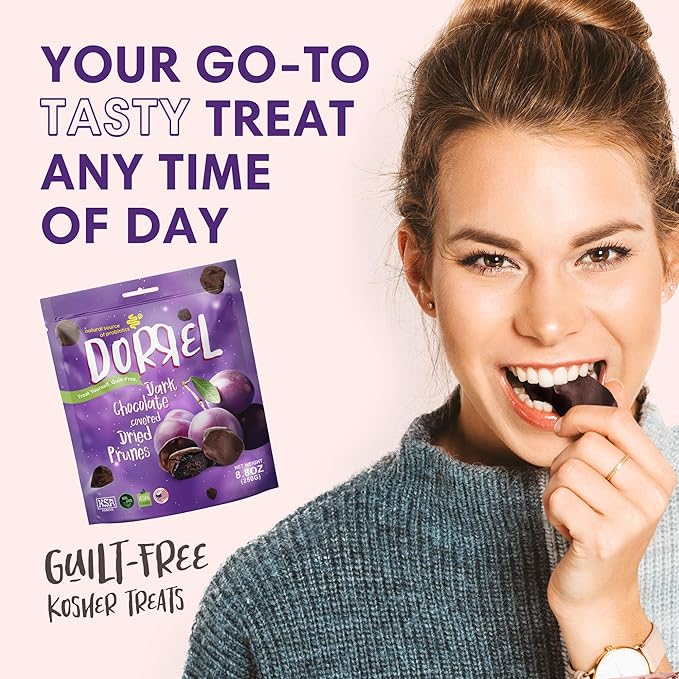 DORREL - Belgian Dark Chocolate Covered Dried Prunes High Energy Vegan Choco Snack Delicious Kosher &amp Non-GMO Pack of 3 Dark Chocolate Fruit Bites 8.8 oz / 250 g Ea