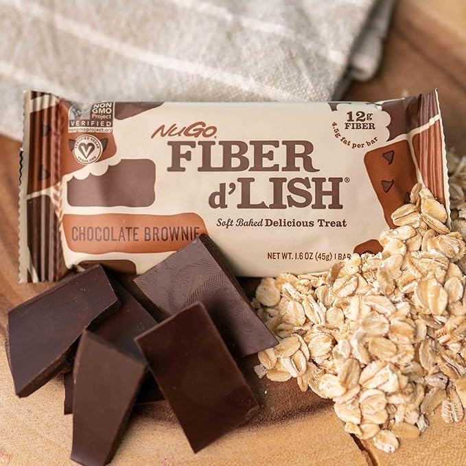 NuGo Fiber d'Lish Chocolate Brownie 12g High Fiber Vegan 150 Calories 16 Count