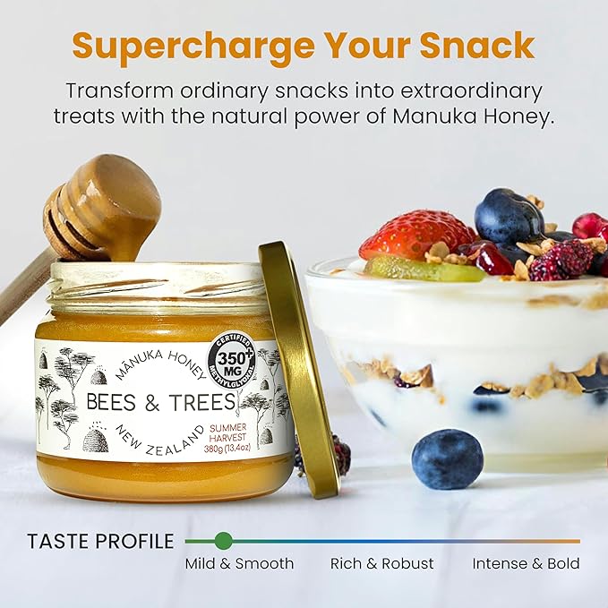 Bees &amp Trees New Zealand Manuka Honey 550+ and 350+ MGO – Pure Raw Unpasteurized Monofloral Superfood Honey for Wellness &amp Vitality – Bioactive Nutrient-Rich Manuka Honey – 380g (2 pack)