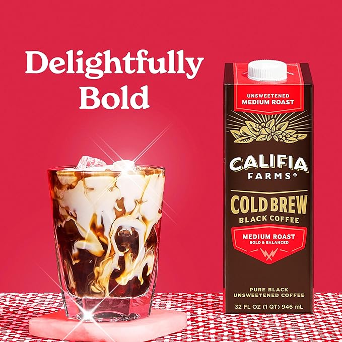 Califia Farms - Pure Black Medium Roast Cold Brew Coffee 32 Oz (Pack of 6) 100% Arabica Shelf Stable Plant Based Vegan Gluten Free Non GMO Sugar Free Iced Coffee