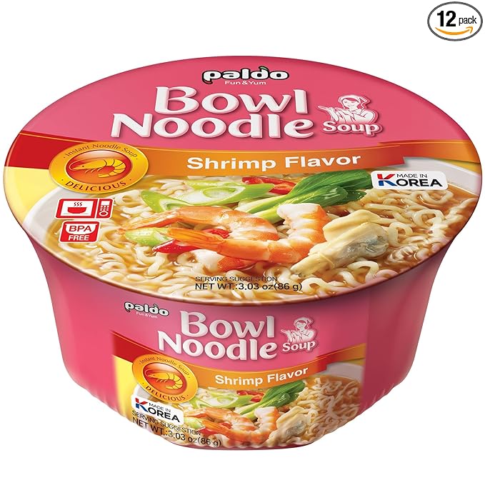 Paldo Fun &amp Yum Instant Cup Noodle Soup Bowl with Seafood Shrimp Flavored Broth Pack of 12 Best Oriental Style Korean Ramyun Most Loved Korean Noodles 팔도 새우 사발면 86g (3.03 oz) x 12