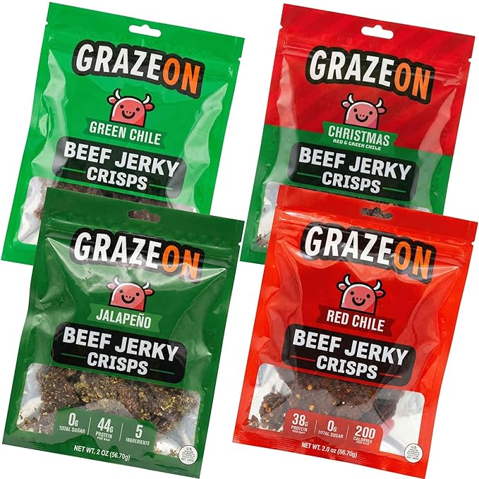 GrazeOn Beef Jerky Crisps Variety Pack - High Protein No Sugar Crunchy Air-Dried Meat Snack All-Natural Low Carb Keto Paleo Whole30 Spicy Pack All Natural Jerky Sampler with Red Chile Jalapeñ