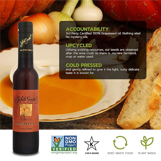 Salute Santé! Chili Infused Grapeseed Oil 200 ml — vegetable oil cooking oil grapeseed oil — Light Chili Aroma Finishing &amp Marinades Sautéing and Roasting Gourmet kitchen essential for everyda