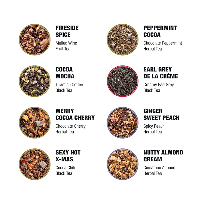 Tiesta Tea - Holiday Tea Sampler Dry Flight Set Loose Leaf High to No Caffeine Hot &amp Iced Premium Brew Sample with Black Herbal Fruit &amp Hibiscus Blends 8 Resealable Sample Pouches