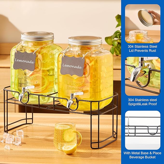 1.5 Gallon Glass Drink Dispensers for Parties 2PACK Beverage Dispenser with Stand Ice Cylinder and Stainless Steel Spigot 100% Leakproof Beverage Dispenser for Lemonade Sun Tea