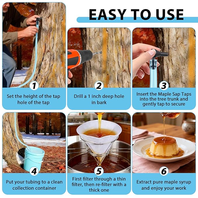 LEMEWEL Maple Syrup Filter Kit – Complete Kit for Beginners and Families | Includes 10 Maple Syrup Taps 32.8ft Food-Grade Tubing Cotton Filters Stainless Steel Foldable Filter Stand and Drill Bit