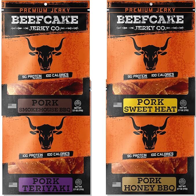 BEEFCAKE Jerky Pork Lover Variety Pack Includes Beef Jerky Sweet Heat Teriyaki Honey BBQ &amp Smokehouse 9 Gram of Protein &amp 100 Calories 2.7 Oz | Pack of 4