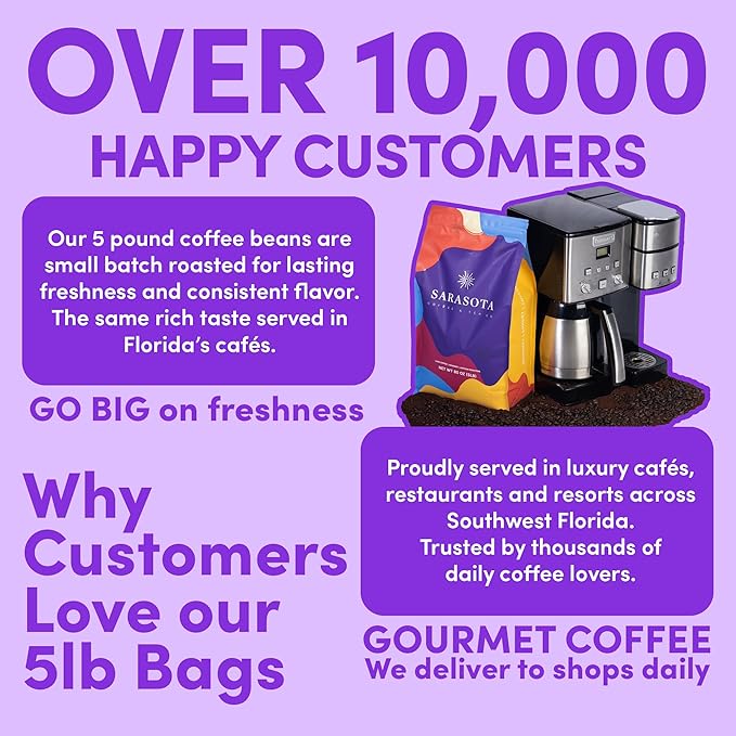 Sarasota Coffee Whole Bean Cubano European French Roast | Dark Roast Gourmet Coffee Beans | Low Acid Mold Free Specialty Grade Bulk Coffee Beans | 5lb (80 oz)