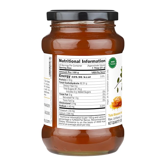 INDIGENOUS HONEY Tulsi Basil Honey Raw Natural Pure Unprocessed NMR Tested Unpasteurized Unheated 530g Glass Jar Pack of 1