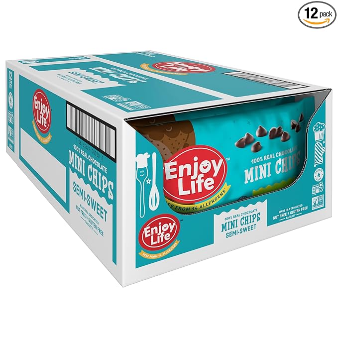 Enjoy Life Baking Chocolate Semi-Sweet Mini Chocolate Chips Gluten Free School Safe Non GMO Dairy Free Soy Free Vegan Nut Free Chocolate 12 Bags (10 oz) Bulk Chocolate