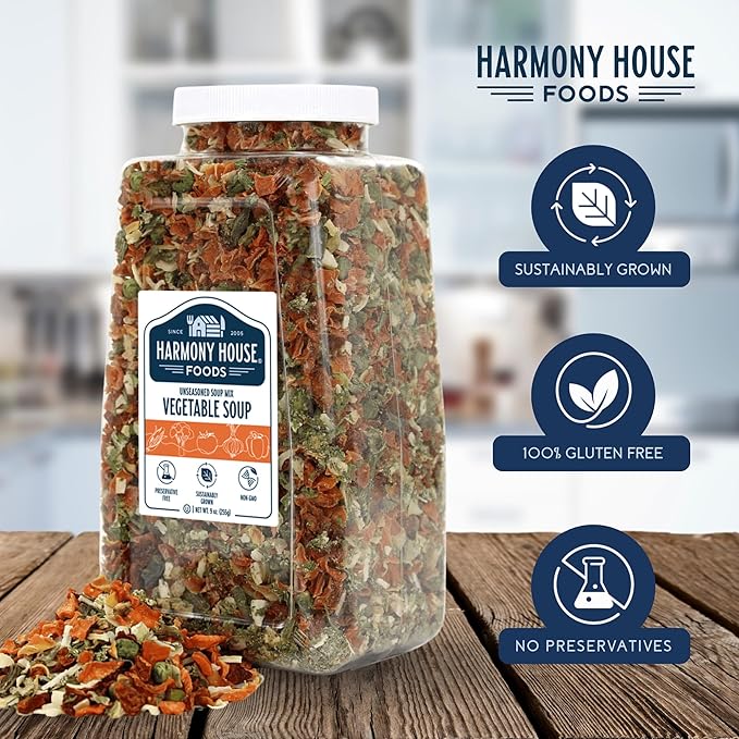 Harmony House Premium Vegetable Soup Mix - Dehydrated Vegetables for Cooking Camping Emergency Supply and More (9 oz Quart Size Jar)