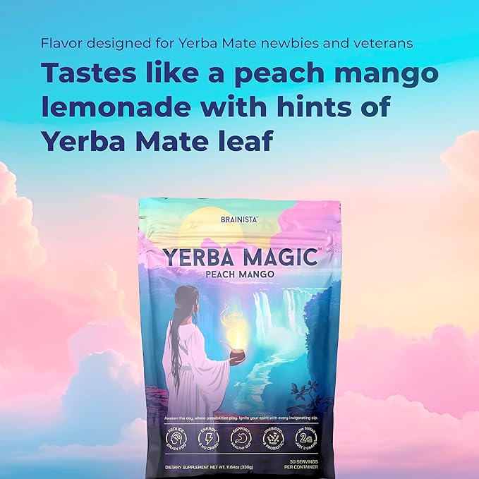 Yerba Magic – Yerba Mate Tea Instant Powder Super Drink with Nootropics Prebiotics &amp Probiotics – Clean Energy Mental Clarity &amp Gut Wellness | Low Sugar Natural Caffeine – Peach Mango 30 S