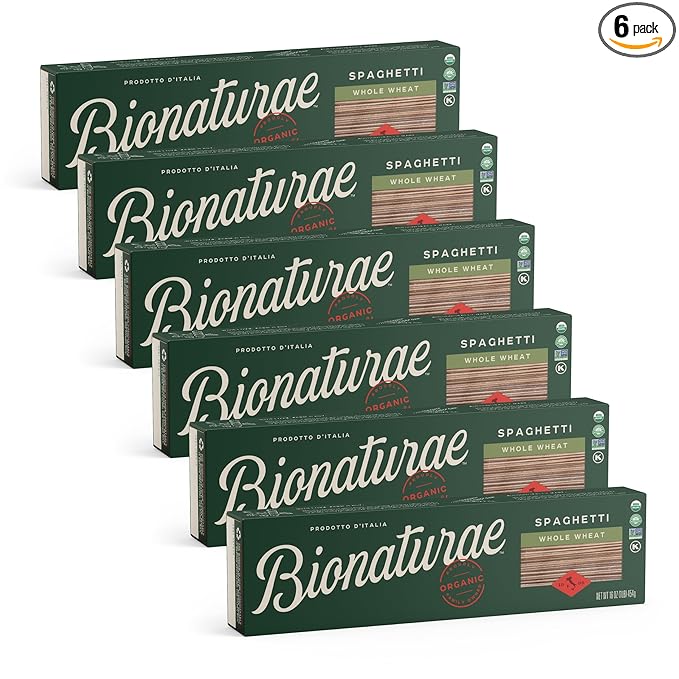 Bionaturae Spaghetti Pasta Noodles - Whole Wheat Pasta Kosher Certified High Protein Non-GMO USDA Certified Whole Wheat Spaghetti Spaghetti Pasta Organic Crafted in Italy - 16 Oz 6 Pack