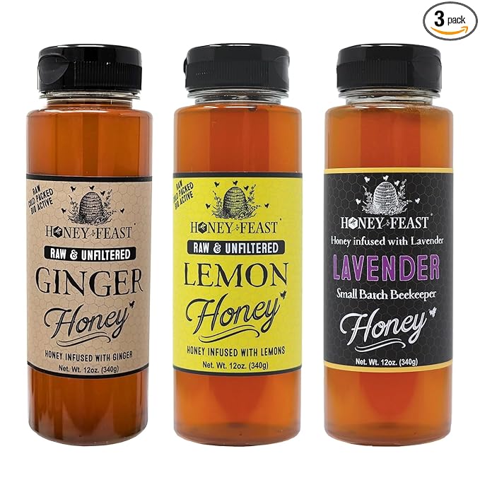 HONEY FEAST Tea Lovers Trio Gift Set – Includes 12oz Ginger Lemon and Organic Lavender Honey – Perfect for Tea Gourmet Recipes and Gift Giving