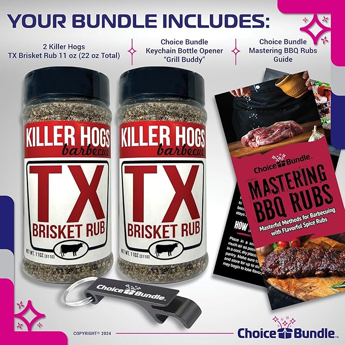 Killer Hogs TX Brisket Rub - Texas Style Premium BBQ Seasoning 2 pk (22 oz) + Barbecue Masters &amp Bottle Opener (4 Items)!