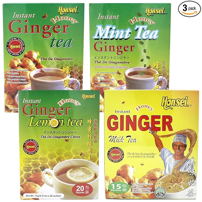 Honsei Instant Ginger Honey Ginger Mint Ginger Lemon Tea or Ginger Milk Tea Set 20 Sachets Each Flavor Total 60 Sachets (Assorted 4PK Set - 75 Sachets)