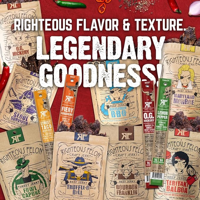 Righteous Felon Beef Jerky and Meat Sticks Variety Pack High Protein Low Carb Low Sugar Gluten Free Healthy Snacks for Adults and Kids Made with Premium Meats Gifts for Men (Noah's Ark 26 Pack)
