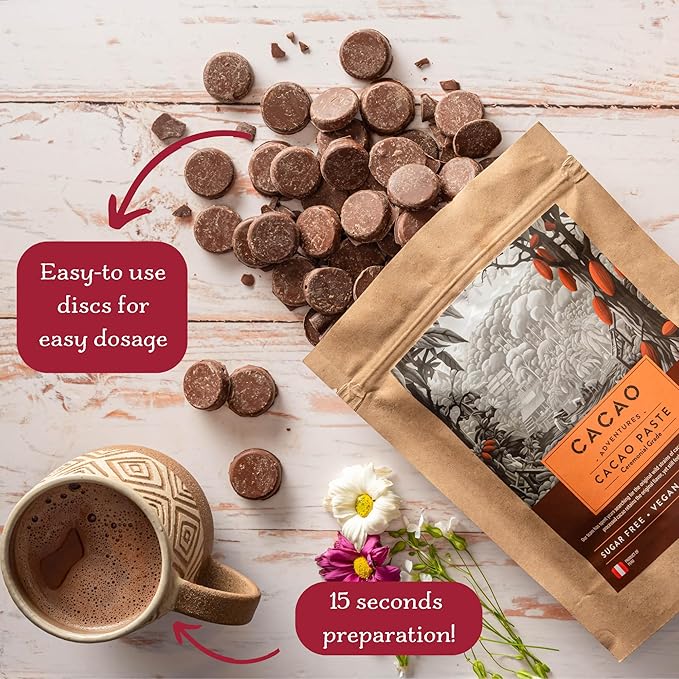 Cacao Adventures Ceremonial Cacao | Sacred Valley Peru 100% Pure Raw |Dairy Free &amp Vegan | Unsweetened | Ethically sourced and sustainably grown | Ceremony | Cusco Chuncho 8 oz