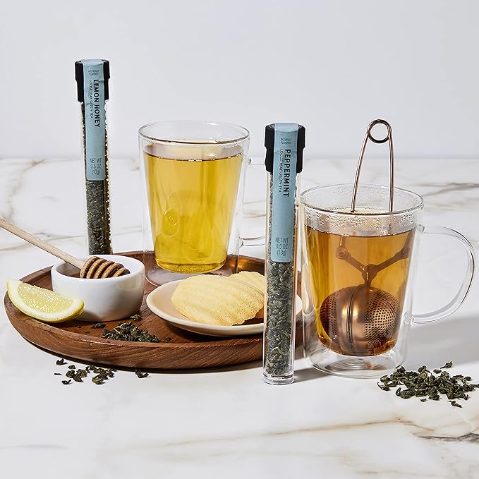 Thoughtfully Gourmet Tea Therapy Infusion Gift Set 7 Unique Flavors and Reusable Copper Ball Infuser Loose Leaf Tea Set Flavors Include Peppermint Jasmine Vanilla Chai and More Set of 7