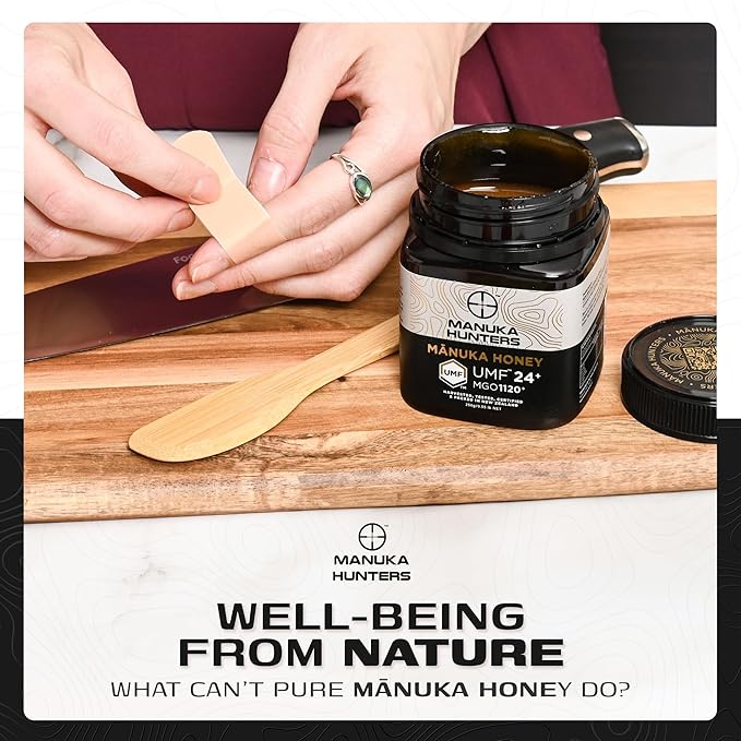 Manuka Hunters UMF 24+/MGO 1120+ Certified New Zealand Manuka Honey - 100% Pure Natural Sweetener - Gluten Dairy Free - Ideal for Tea Coffee Smoothies and Baking - Sustainable - 8.8oz/250g Jar